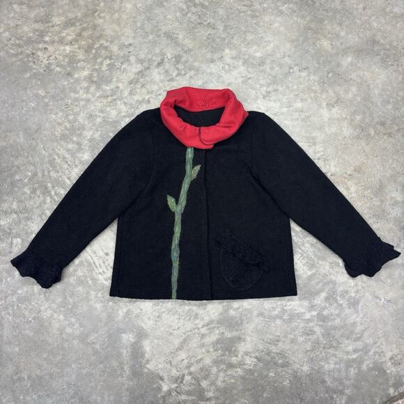 Wearable Art Cardigan Zip Wool Sweater Flower Poppy High Collar Art To Wear Red - Picture 2 of 8